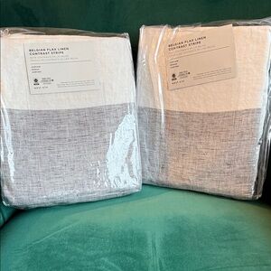 West Elm Belgian Flax Linen Stripe Curtains - White & Gray